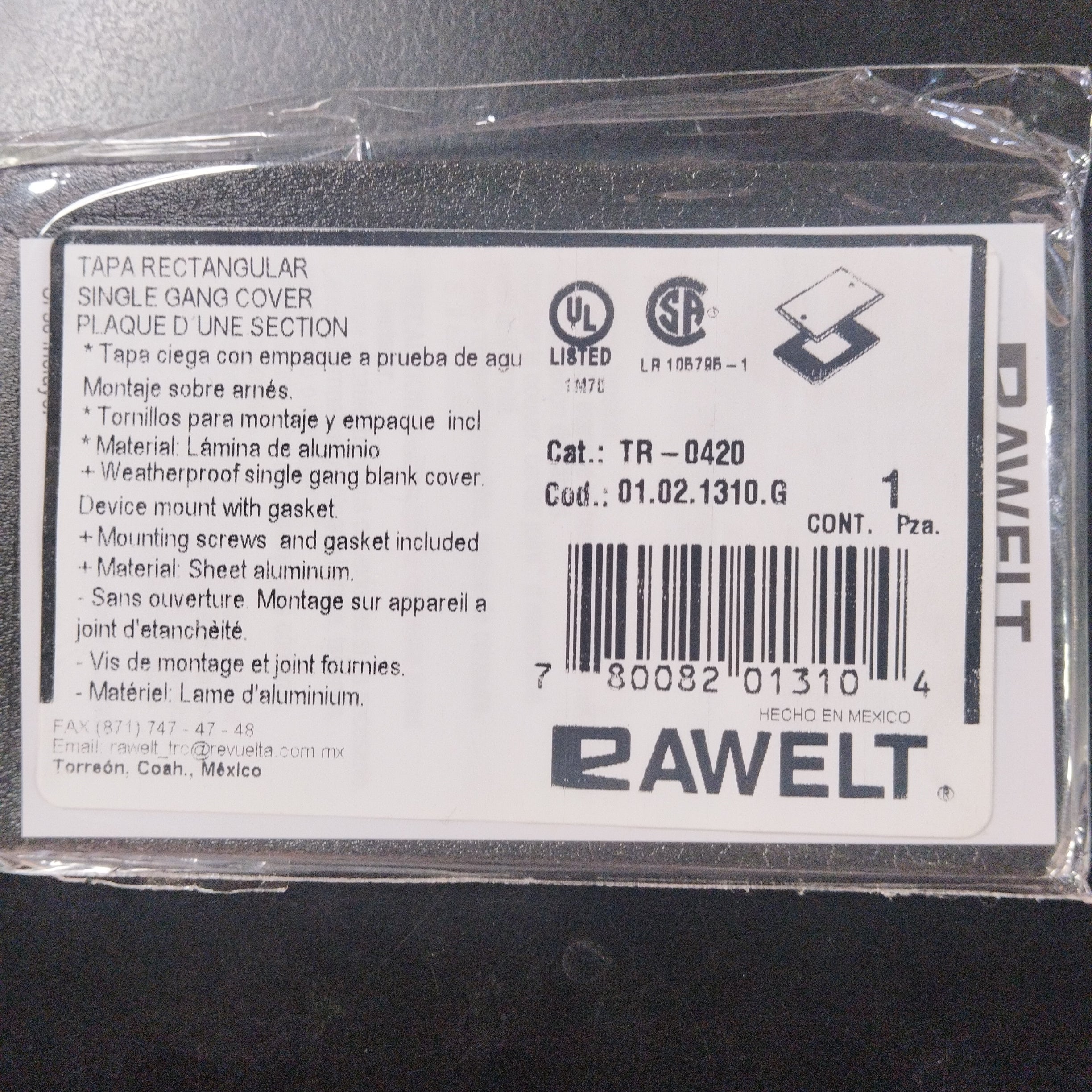 Tapa rectangular ciega con empaque. RAWELT TR-0420