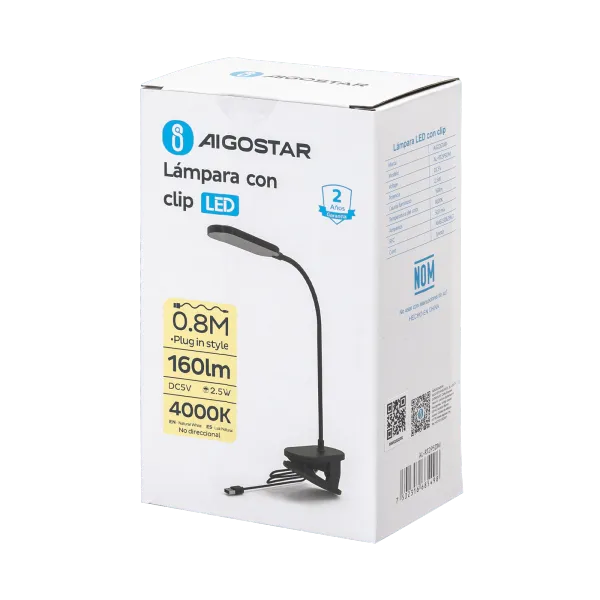 LÁMPARA DE LECTURA ESCRITORIO CLIP 2.5W 40K LUZ NEUTRA ATENUABLE AIGOSTAR 685498