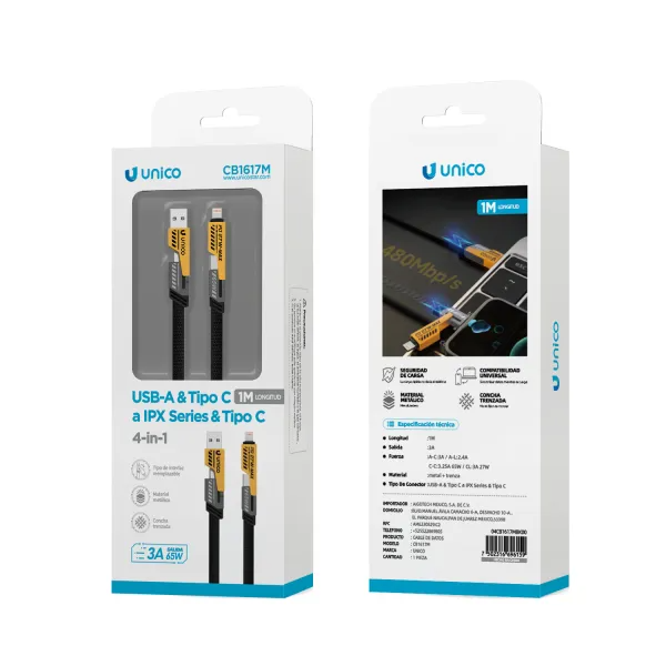 CABLE DE CARGA RÁPIDA UNIVERSAL 4 EN 1 3A METÁLICA UNICO AIGOSTAR CARGADOR 696159