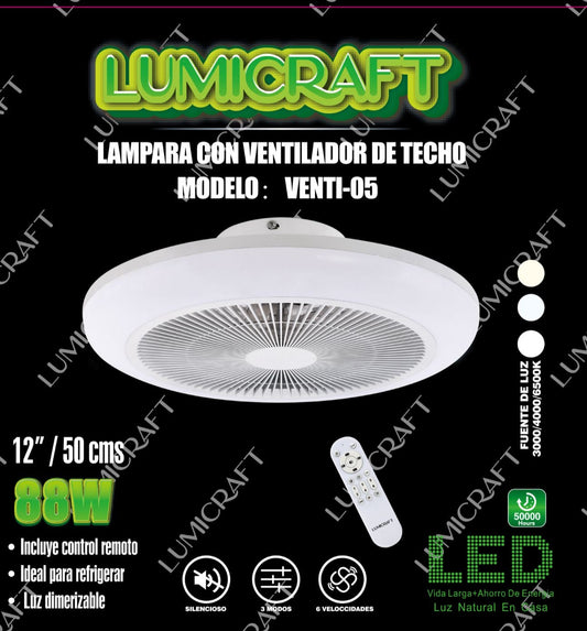 VENTILADOR LUMICRAFT DE 12" / 50CMS CON LUZ LED INTEGRADOR TRIPLE TEMPERATURA SELECCIONABLE: FRIO, CALIDO, NEUTRO. CON CONTROL REMOTO PARA MANIPULAR COLOR DE LUZ, POTENCIA DE ABANICO Y ATENUAR LA LUZ. 6 VELOCIDADES. 88 WATTS. DIMEABLE. SILENCIOSO VENTI-05