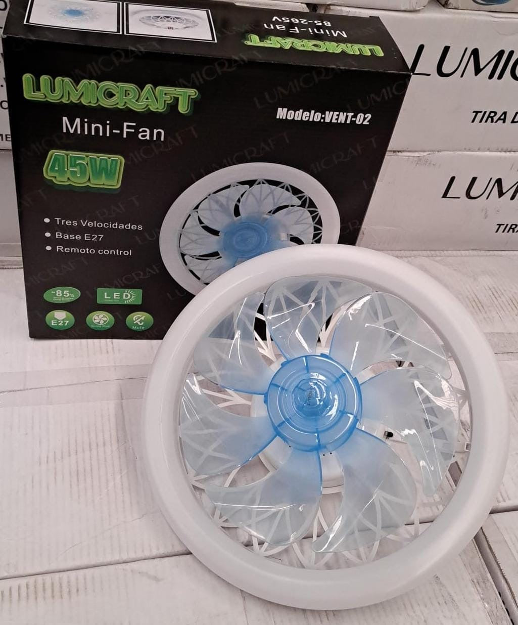 VENTILADOR LUMICRAFT CON TRES VELOCIDADES VENT-02 DE 45W CON LED INTEGRADO TRIPLE TEMPERATURA: FRIO, CALIDO Y NEUTRO DIMEABLE CON CONTROL REMOTO CON ROSCA E27 PARA ROCETA NORMAL MINI FAN FOCO VENTILADOR