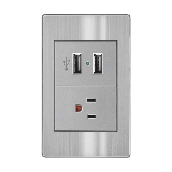 PLACA CON CONTACTO ATERRIZADO Y DOS PUERTO USB DE 2.1AMPS 5V ACERO INOX ARTLITE CON PLACA Y CHASIS ARMADO