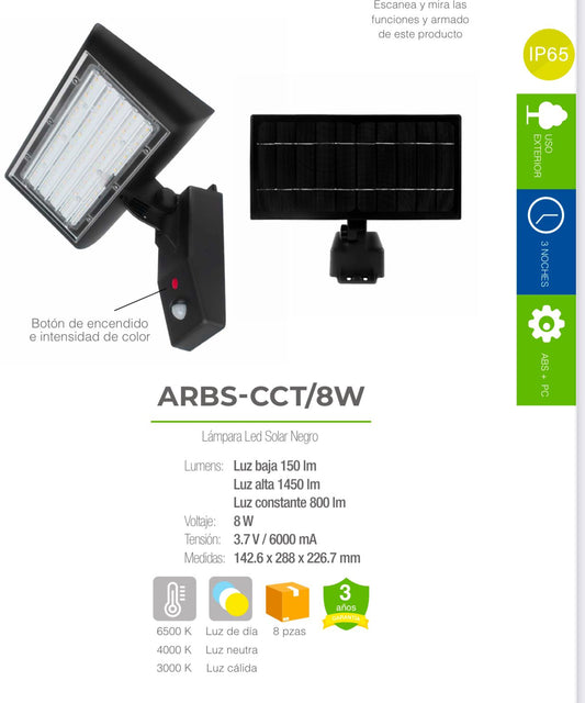 ARBOTANTE SOLAR CCT CON SENSOR DE MOVIMIENTO DE 8W LUZ FRIA CALIDA Y NEUTRA  PARA MURO