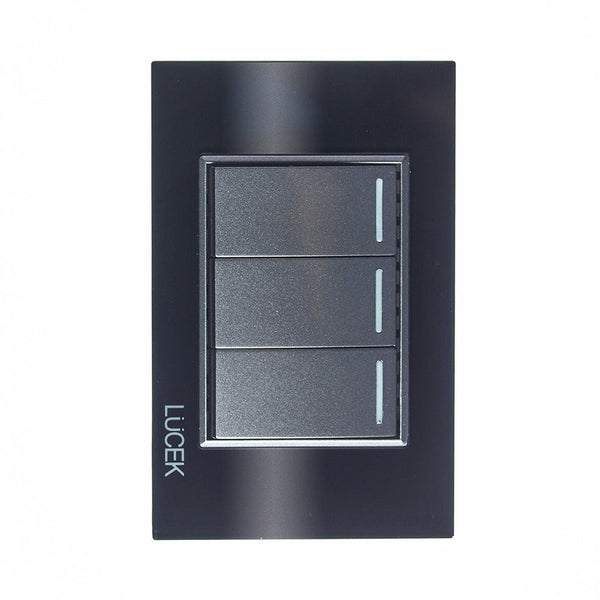 PLACA CON 2 INTERRUPTORES SENCILLOS Y 1 DE ESCALERA DE 1 MÓDULO NEGRO