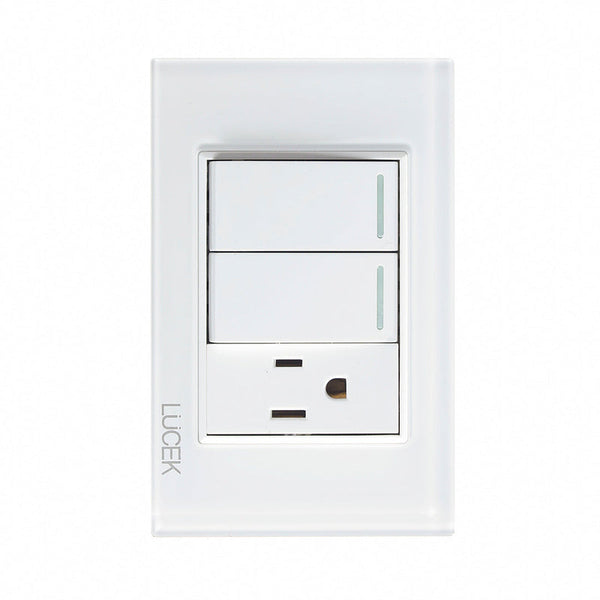 PLACA CON 2 INTERRUPTORES SENCILLOS Y 1 CONTACTO DE 1 MÓDULO.