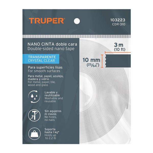 CINTA NANO DOBLE CARA TRANSPARENTE REUTILIZABLE 10MM 3M TRUPER 103223 CDR-310