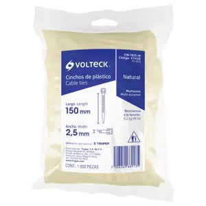 BOLSA 100 CINCHOS PLÁSTICOS BLANCOS 18LB 150x2.5MM VOLTECK 44301 CIN-1815-M