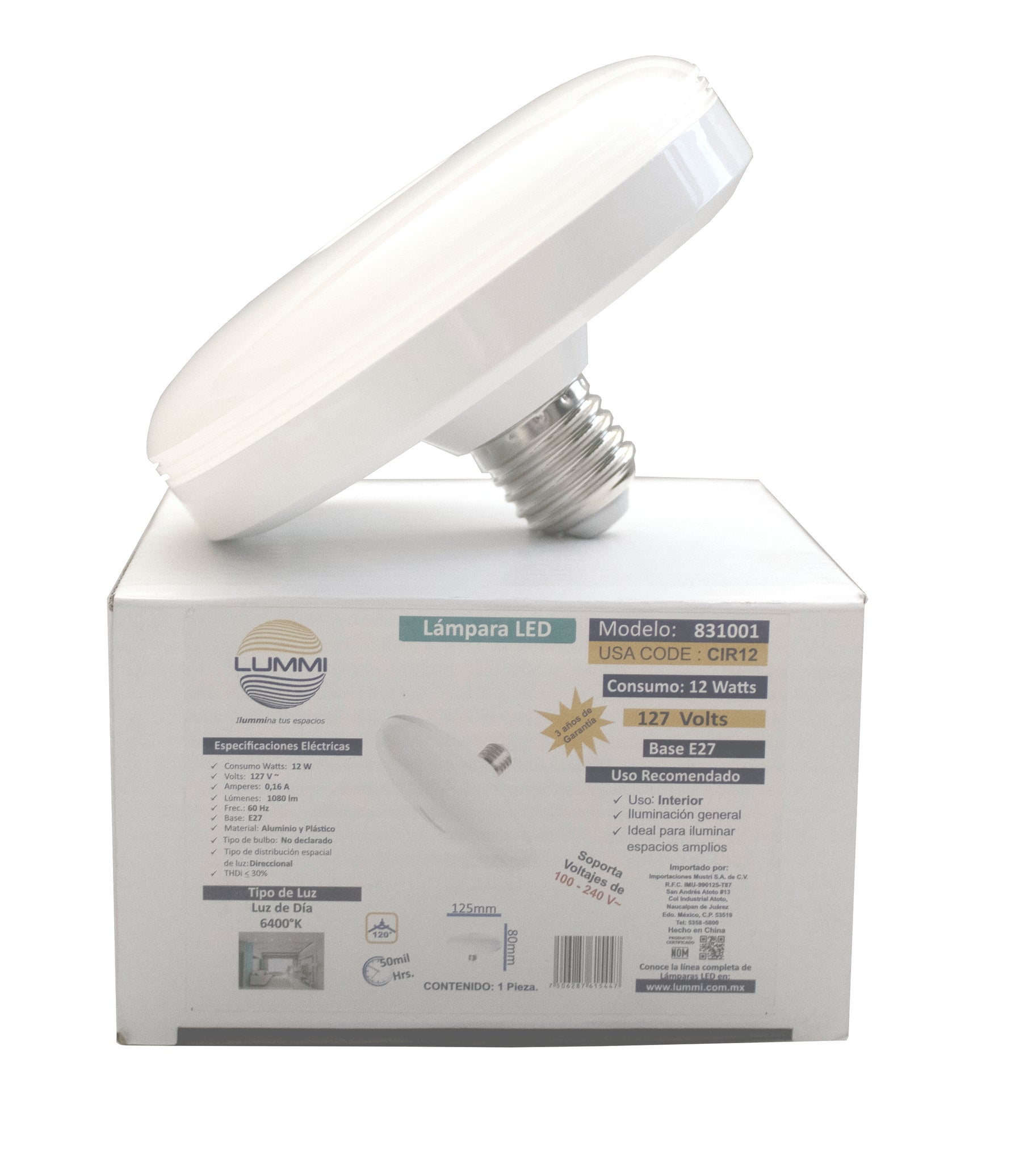 Luminaria Circular LED Luz Fría 12W 100-240V 1080LM 64K E26/E27 CIR12