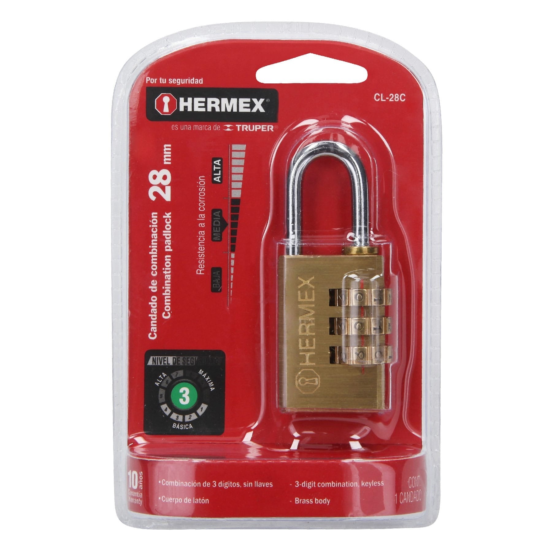 CANDADO DE LATÓN 28MM DE COMBINACIÓN HERMEX 43347 CL-28C