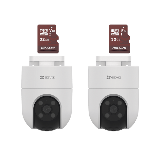 Kit de Camaras WiFi, Incluye 2 Piezas CS-H8C y 2 Piezas HS-TF-E1/32G / Audio de Dos Vías / Detección de Movimiento / Luz Estroboscópica / Sirena / Uso en Exterior con Protección