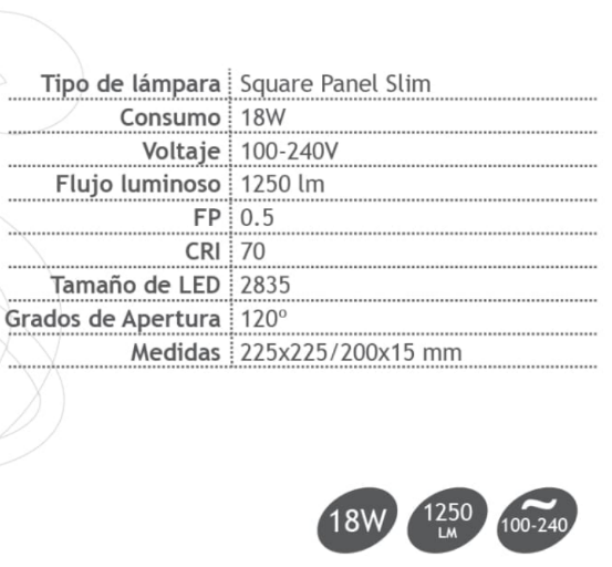PANEL SLIM CUADRADO EMPOTRABLE DE 18W LUZ NEUTRA 4000K TECHNOSHINE PSS18WNW