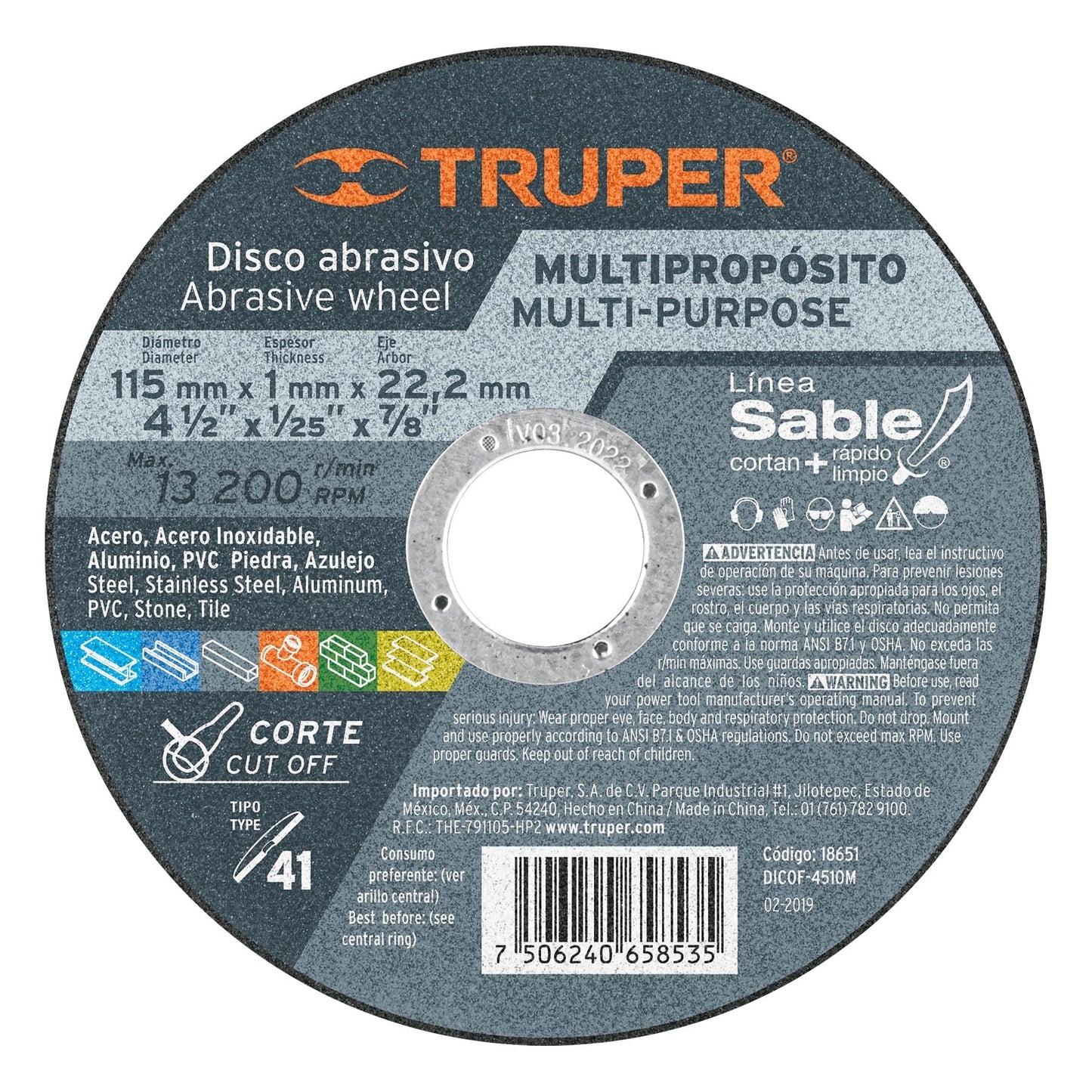 DISCO CORTE MULTIMATERIA 4-1/2"x 1MM TIPO 41 TRUPER 18651 DICOF-4510M