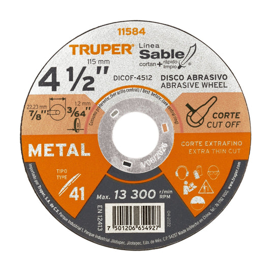 DISCO DE CORTE METAL TIPO 42 4-1/2" TRUPER 11584 DICOF-4512