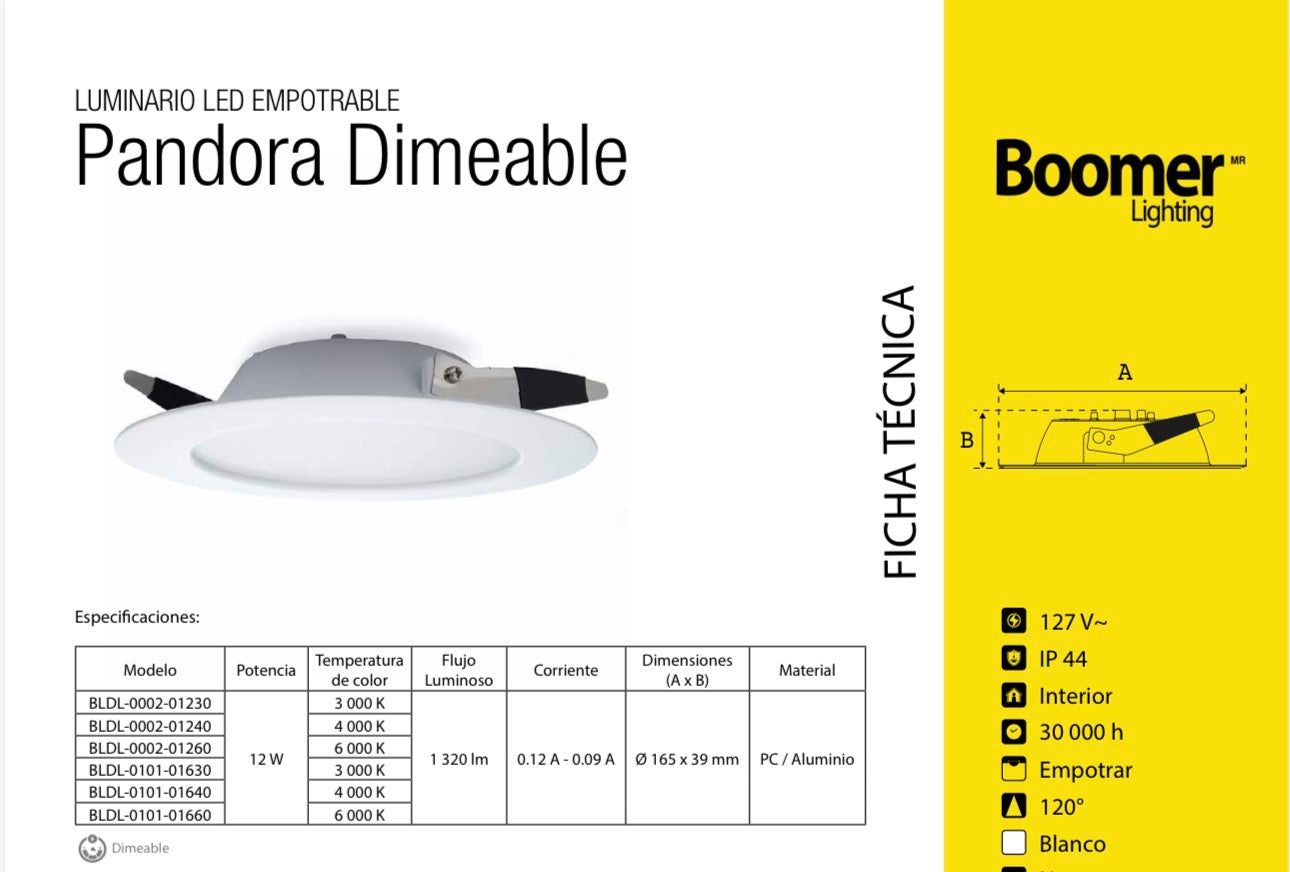SPOT EMPOTRABLE DIRIGIBLE BOOMER PANDORA DE 12 WATTS LUZ NEUTRA 4000K DIMEABLE ATENUABLE 127V