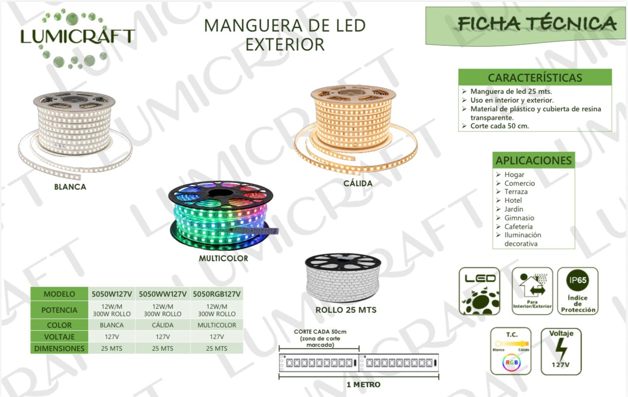 MANGUERA LED 5050RGB 25MTS IP65 EXTERIOR LUMICRAFT 5050RGB127V-25MTS