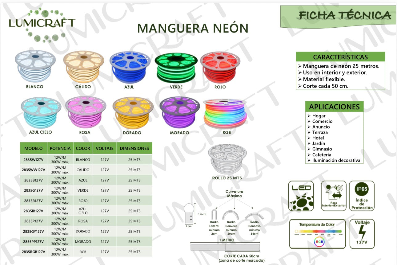 MANGUERA NEON LED CALIDA 25 MTS 12W X METRO 127V 2835