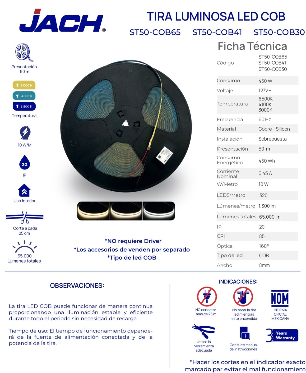 METRO TIRA LED CONTINUO COB INTERIOR 127V 41K LUZ NEUTRA DIMEABLE JACH ST50-COB41