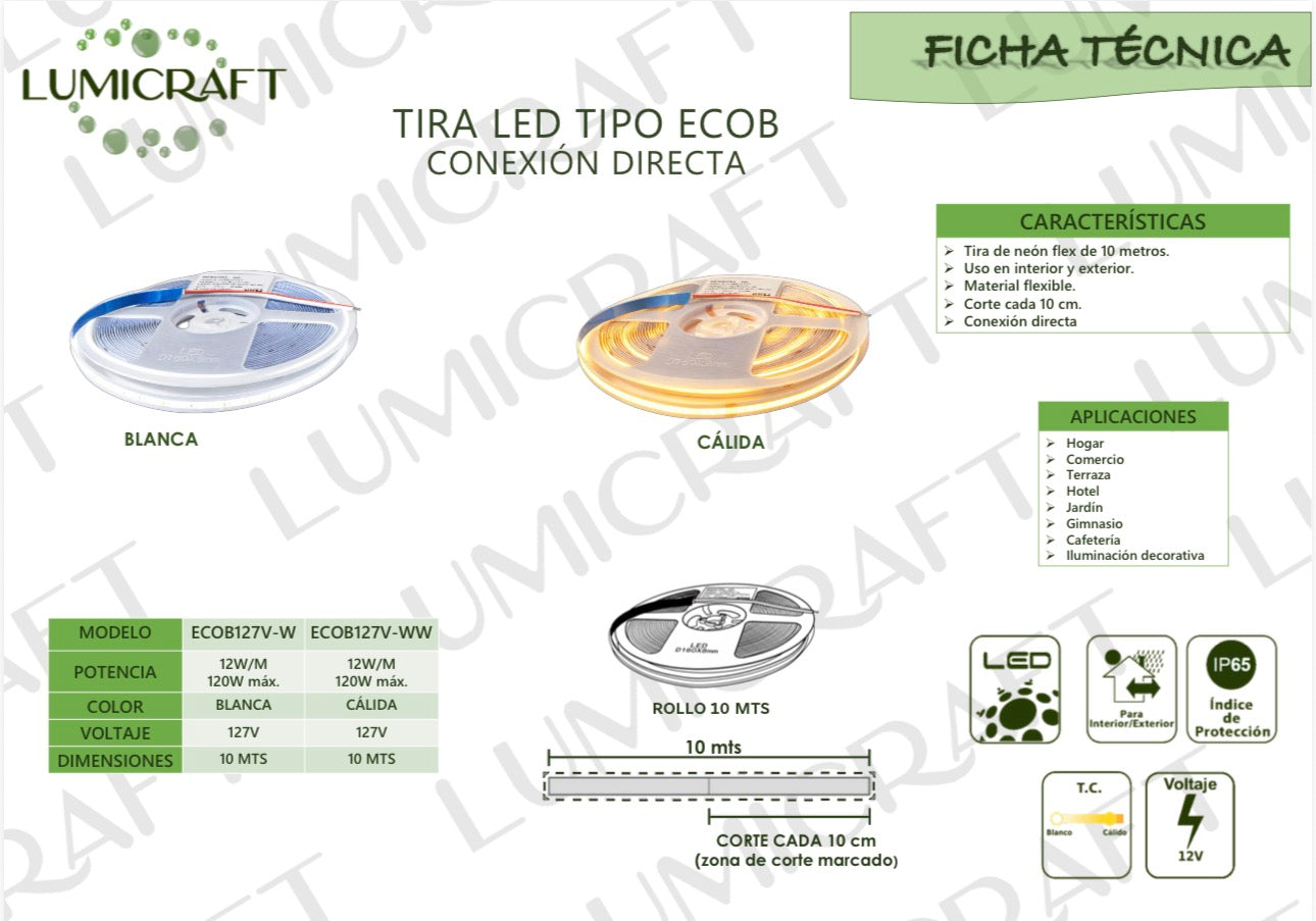 TIRA COB LED CONTINUO EXTERIOR 10MTS 127V 12W X METRO 65K LUZ FRÍA LUMICRAFT ECOB127V-W