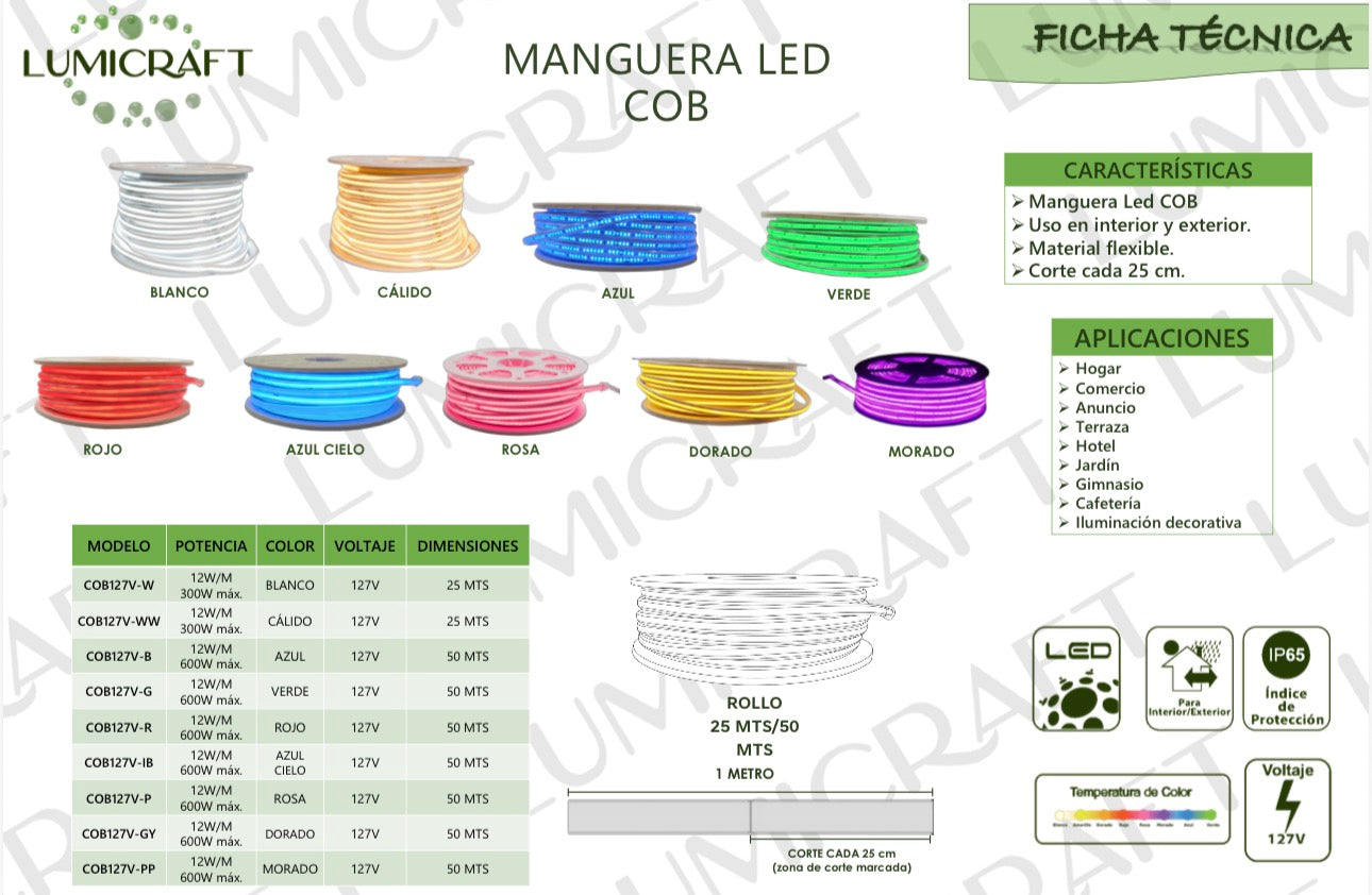 ROLLO 25M TIRA COB LED CONTINUO 300W 127V 30K LUZ CÁLIDA LUMICRAFT COB127VWW