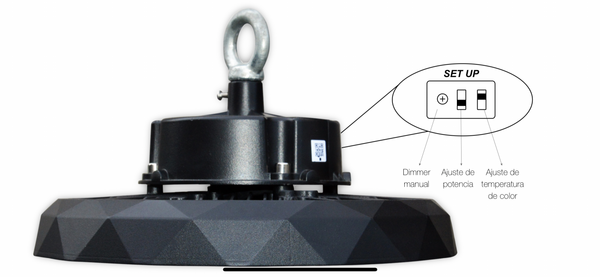 CAMPANA INDUSTRIAL LED VERSA UFO ATENUABLE 100W 17000 LM TONO DE LUZ AJUSTABLE 4000°K 5500°K Y 6500°K  5 AÑOS DE GARANTIA BOOMER HB01018C POTENCIA AJUSTABLE 60, 80 Y 100W