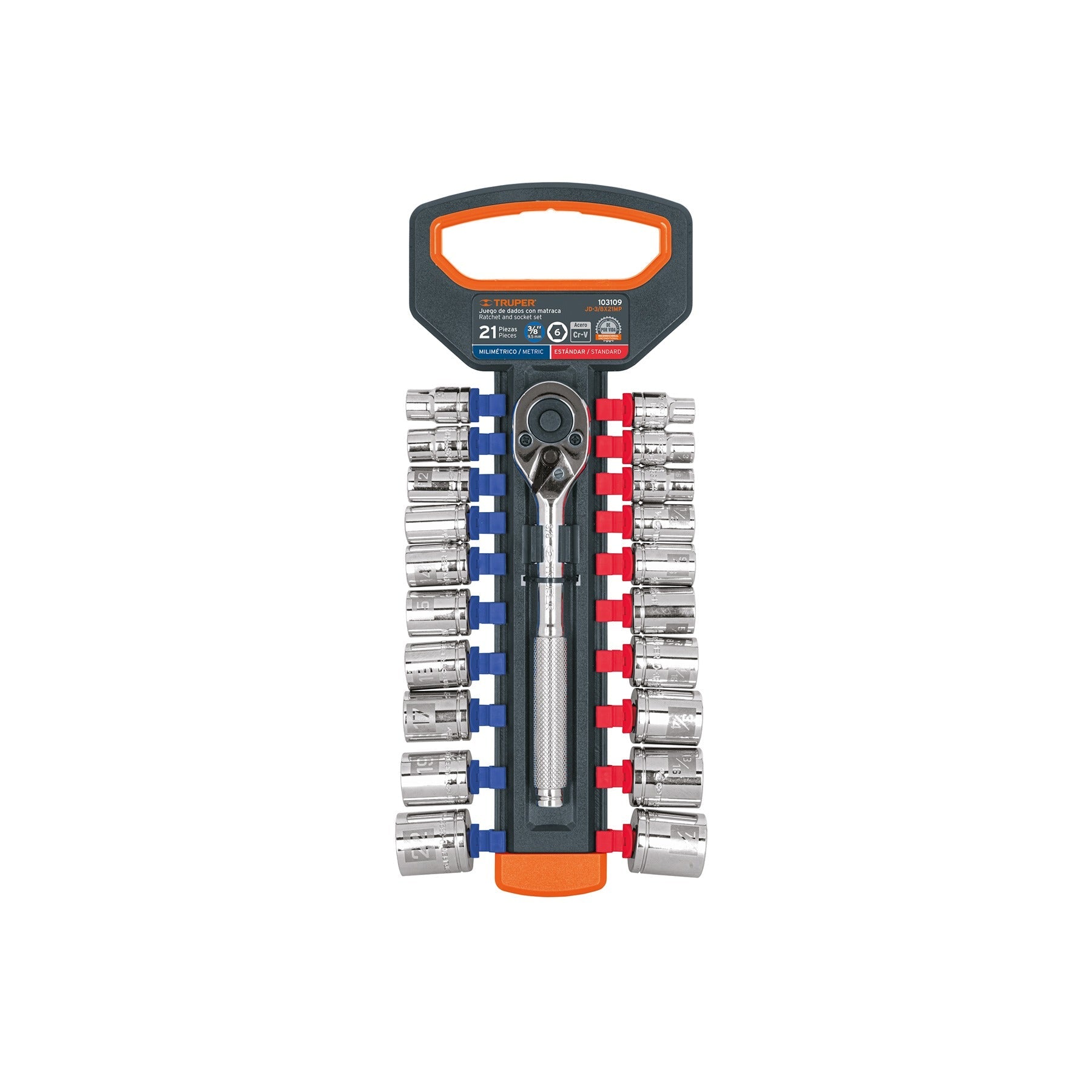 JUEGO DE DADOS MILIMETRICOS 3/8" ESTÁNDAR CON MATRACA TRUPER 103109 JD-3/8X21MP