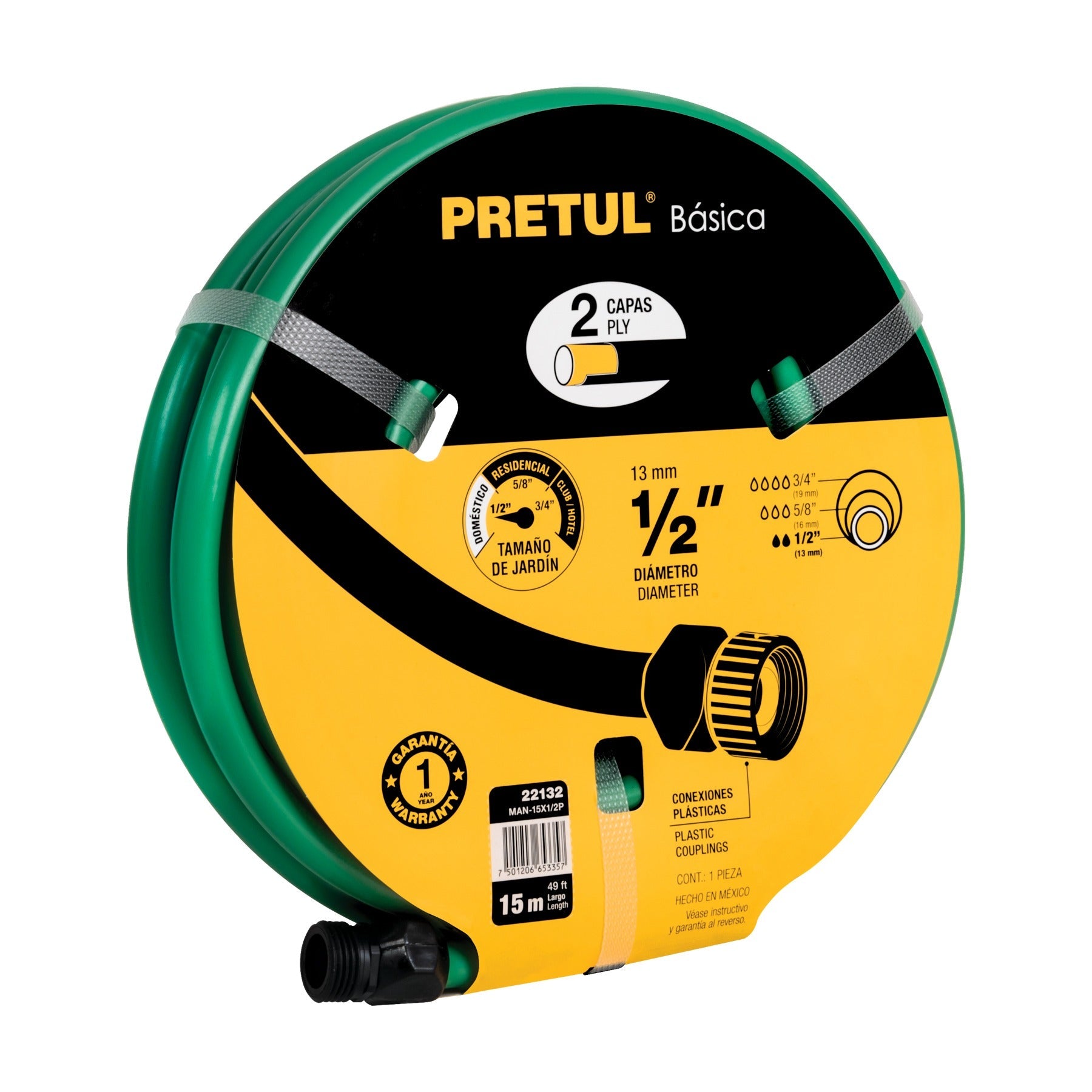 MANGUERA VERDE 1/2" 2 CAPAS 15M PRETUL 22132 MAN-15X1/2P