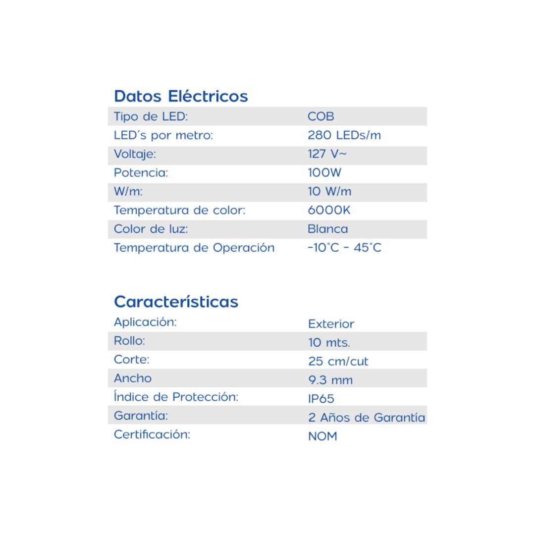 ROLLO 10M TIRA LED COB ST288 100W 60K LUZ FRÍA TECNOLED ML-STCOB288-127BB-IP65 EXTERIOR.
