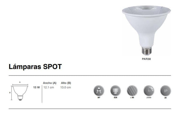 LAMPARA LED PAR38 15W 3000K 110-130V E27 CUELLO LARGO ICON PAR3815W30KLNATE ATENUABLE DIMEABLE