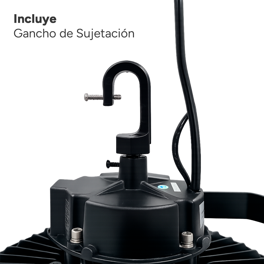 LÁMPARA INDUSTRIAL HIGHBAY LED UFO 200W 28,000LM POTENCIA AJUSTABLE 100W A 150W 65K LUZ FRÍA SUPRESOR DE PICOS DE 6KVA TISHMAN TLHB10152065
