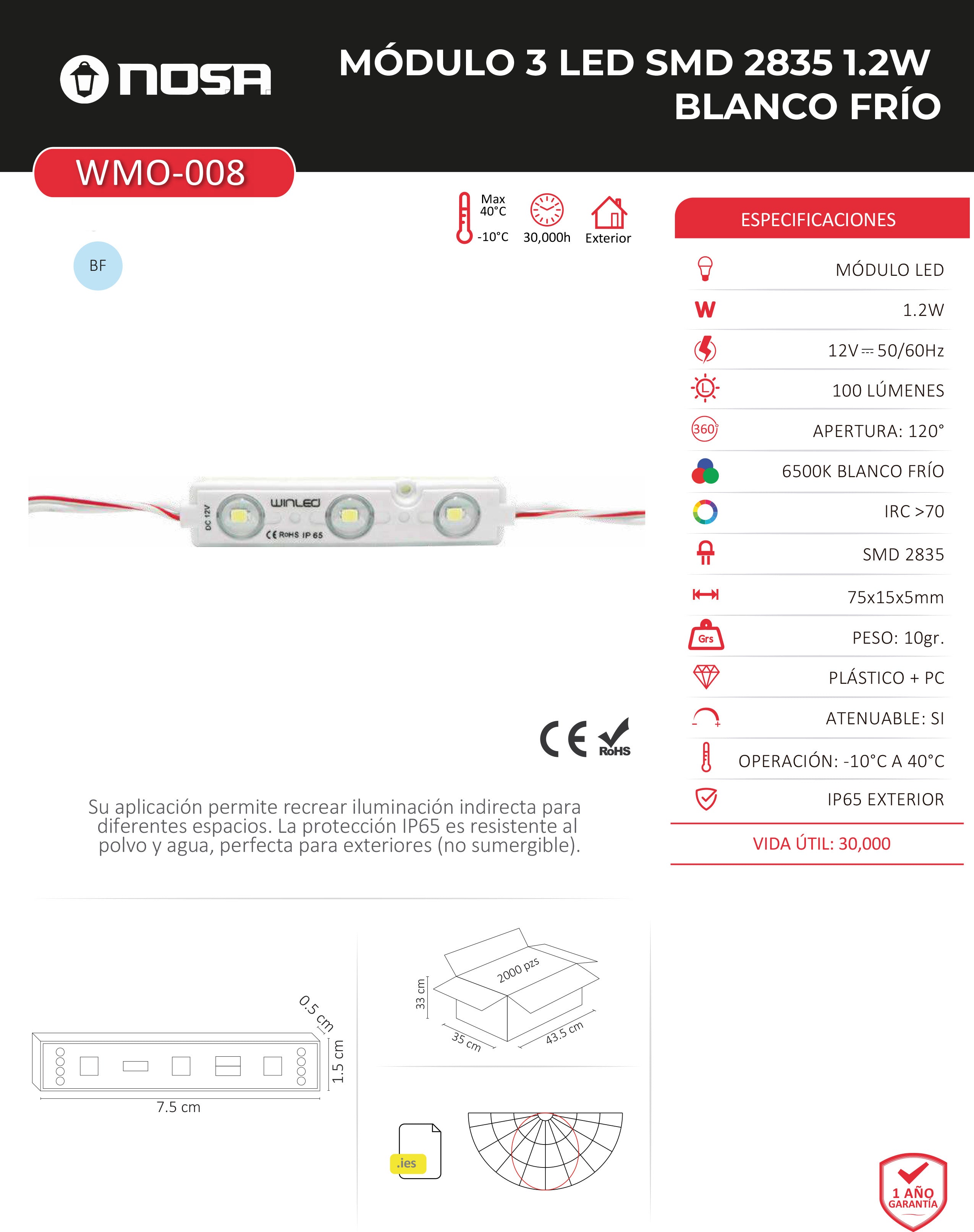 MODULO 3 LED SMD2835 EXTERIOR 1.2W 65K BLANCO FRIO WINLED WMO-008