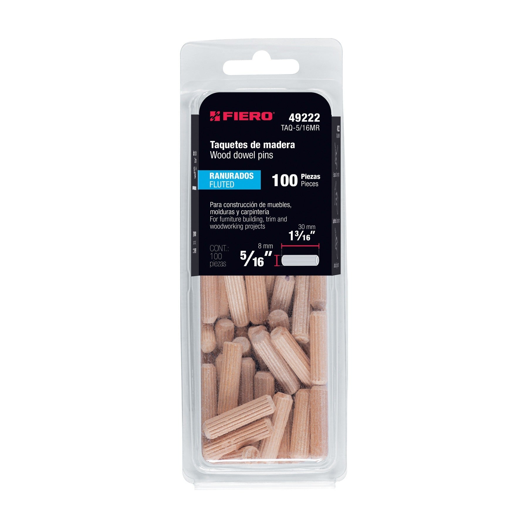 BLISTER 100 TAQUETES DE MADERA RANURADO 5/16" FIERO 49222 TAQ-5/16MR