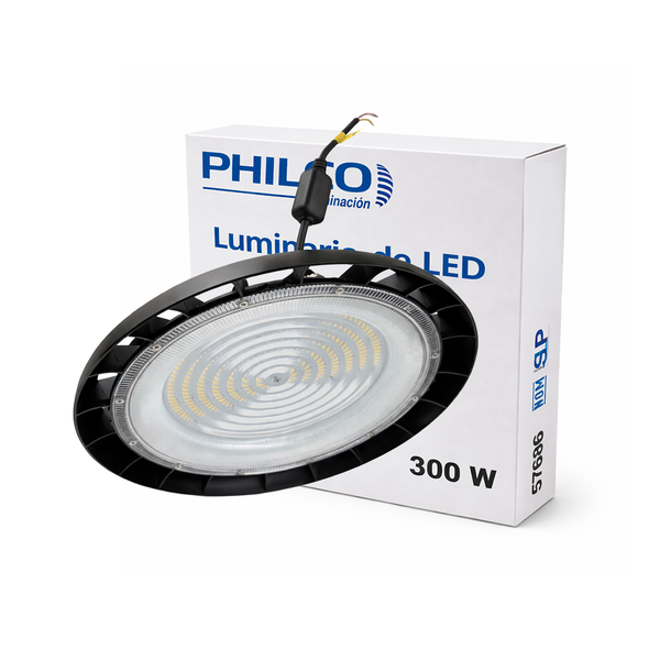 LÁMPARA HIGH BAY UFO 300W 42,000LM 57K LUZ FRÍA PHILCO 57686. INCLUYE SUPRESOR DE PICOS DE 10KVA